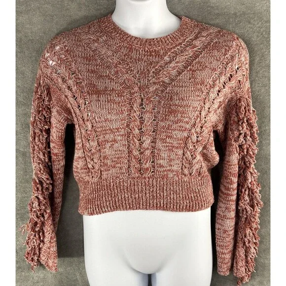 Wildfox Small Warren Sweater Pink Red Pullover Cable Knit‎ Fringe Sleeve Sample