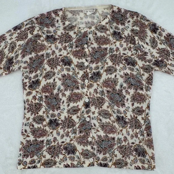 Garnet Hill 100% Merino Wool Paisley Floral Cream Cardigan Sweater Woman's Small