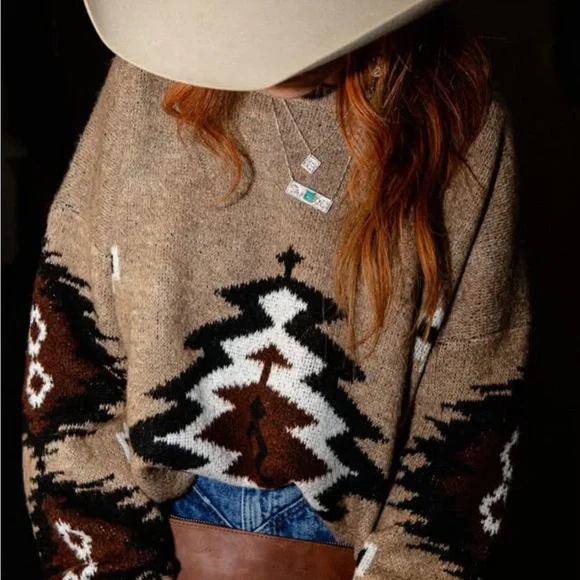 New Western Yellowstone Tribal Aztec Printed Pullover Crew Neck Sweater