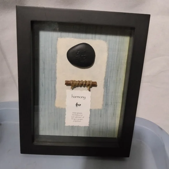 Asian Shadow Box Harmony Proverb Wall Art with Good Luck Stone Thailand 9