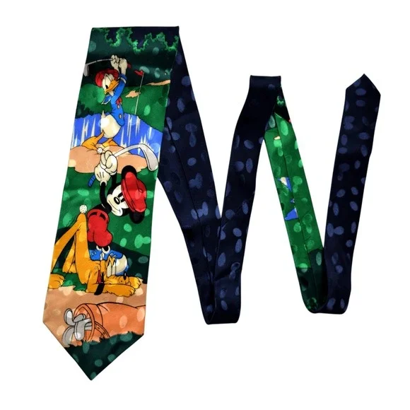 Vintage 90s Disney Store Mickey Mouse Donald Duck Pluto Golf Tie 100% Silk Tie