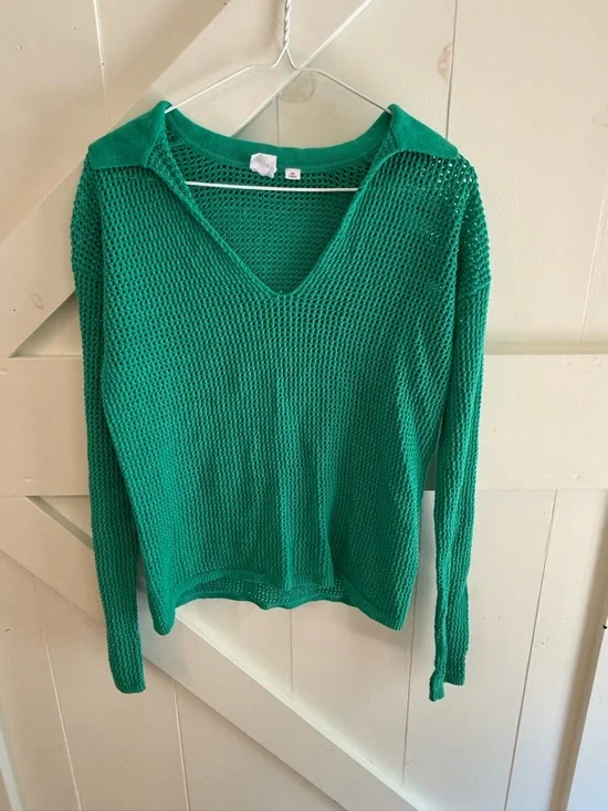 GAP Green Crochet Knit Collared Sweater XS 100% Cotton Open Weave Pullover