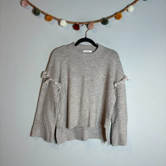 MOUSSY beige fringe sleeve sweater