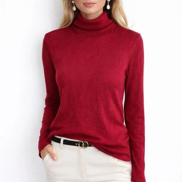Women's Silk Cashmere Sweater Mock‎ Neck Red Ribbed Long Sleeve Medium Old Money
