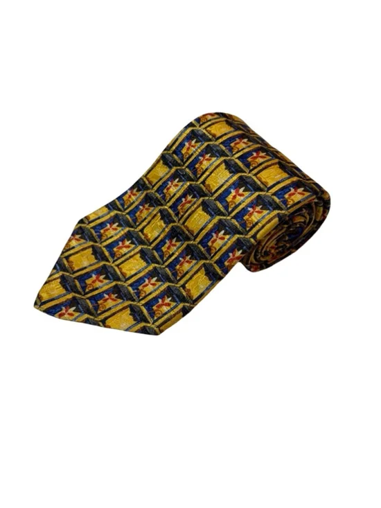 Ermenegildo Zegna Silk Tie Gold Blue Geometric Novelty Print Made Italy