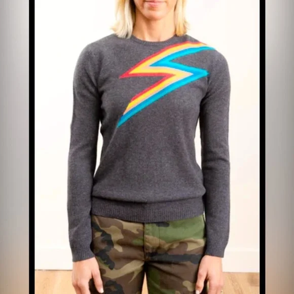 Gray Crewneck Sweater with Red Lightning Bolt