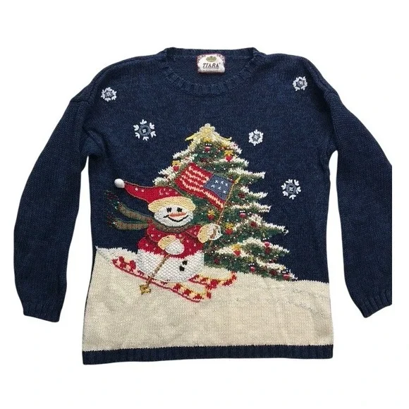 Tiara International Snowman Skiing American Flag Ugly Christmas Sweater‎ Women L