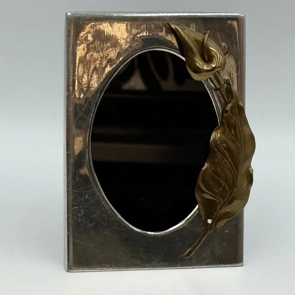 Vintage Silver Tone Calla Lily Picture Frame Oval Opening Mixed Metal 3.5x5