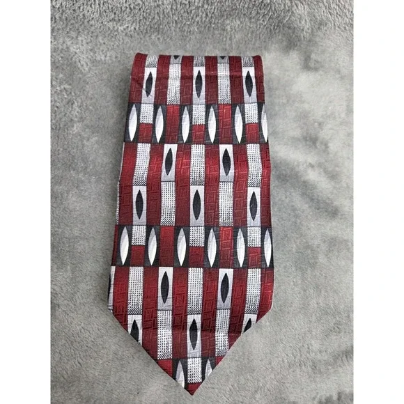 Pierre Cardin Silk Tie Retro Red Black‎ Silver Geometric