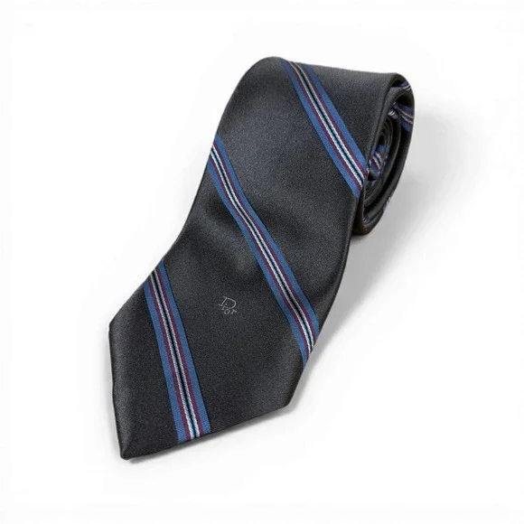 Christian Dior Mens Silk Blend Striped Tie Charcoal Grey Blue Burgundy Italy‎