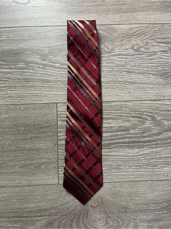 Pronto Uomo Dark Red Gold Plaid 100% Silk Tie 56.5” x 3.5” Work Career Business
