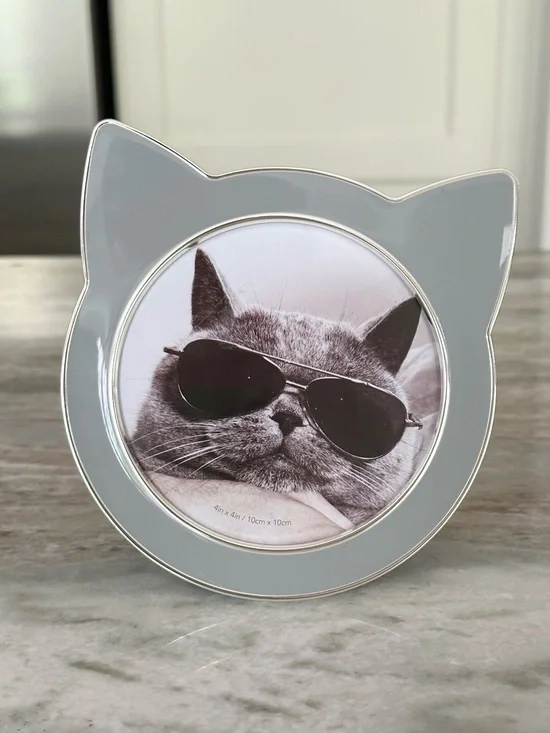 Kitty Cat Ear Shaped Round Picture Frame - Grey & Silver 4x4