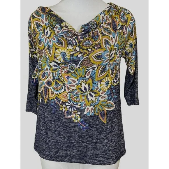 Anthropologie Postmark Jacaranda 3/4 Sleeve Floral Drape Cowl Neck Sweater  XS