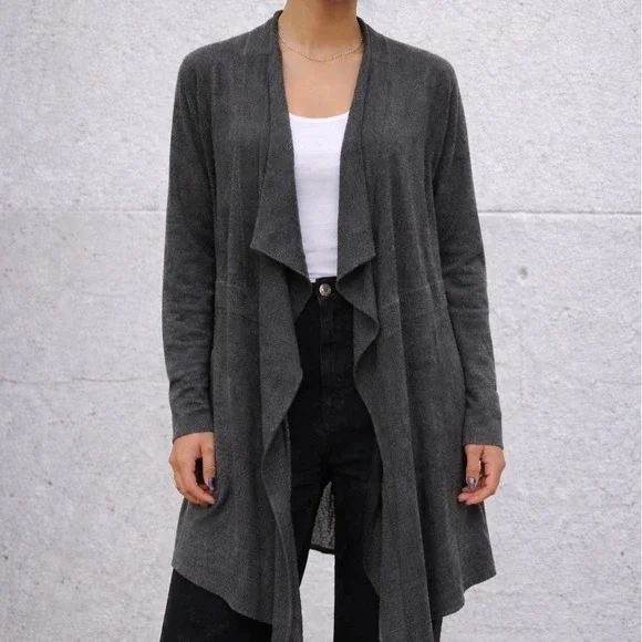 Eileen Fisher Charcoal‎ Gray Waterfall Open Front Cardigan Womens L Drape Knit