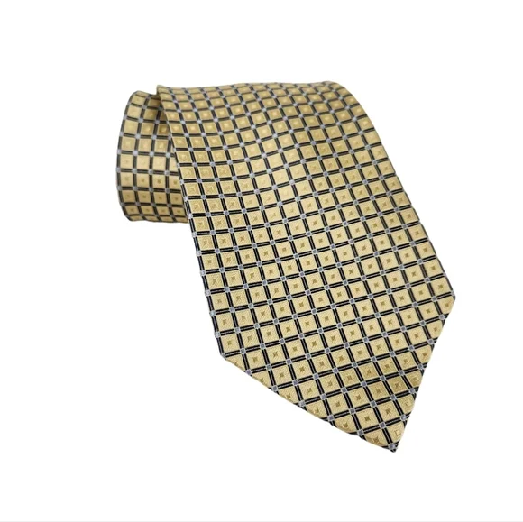 Tommy Hilfiger 100% Silk Pale Yellow Gold Blue Silver Geometric Tie Men's