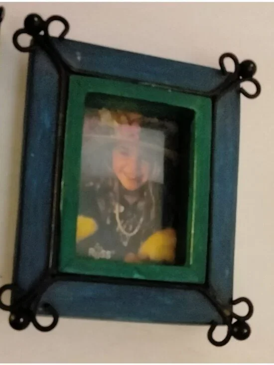 Miniature Wood Frame Blue Green Table Picture Metal Border 3 x 3