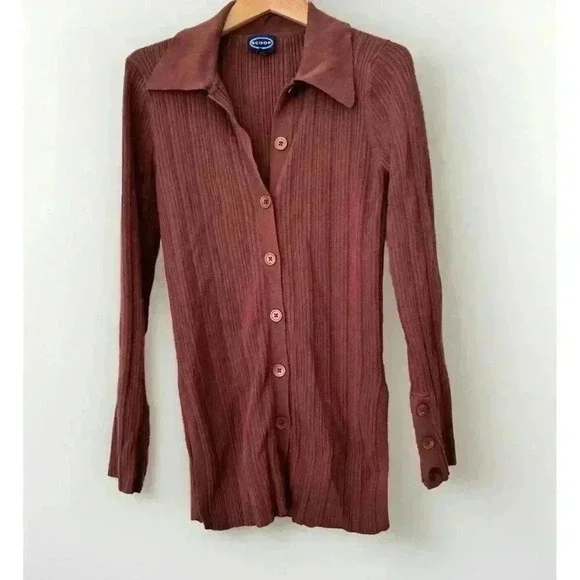 Womens Scoop Knit Button Front Shirt with Collar Brown Small Fall