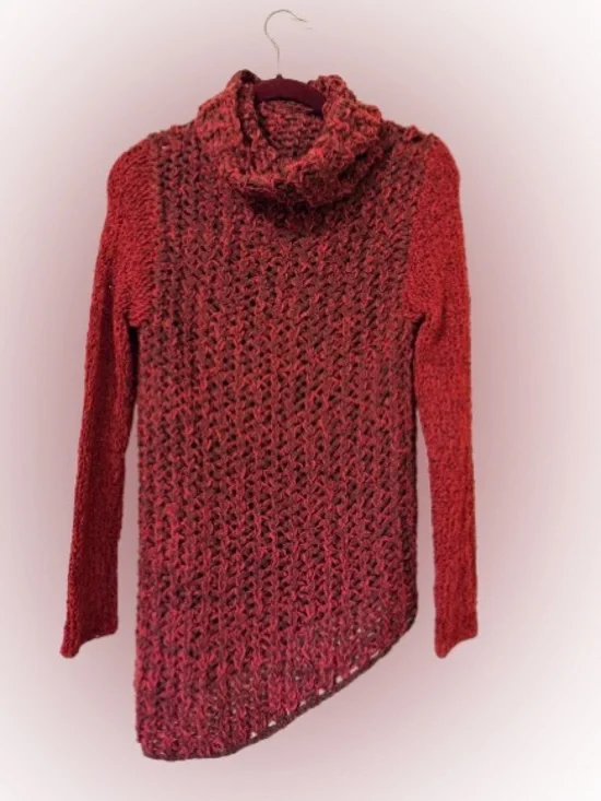Helmut Lang Open Knit Asymmetrical Turtleneck Sweater XS Red Black Alpaca Wool