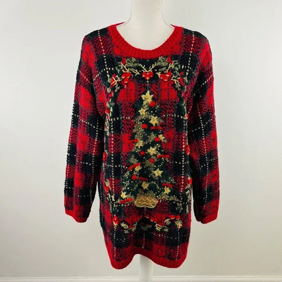 Vtg Handknit Metropolitan Red Plaid Christmas Tree Embellished Sweater Dress L