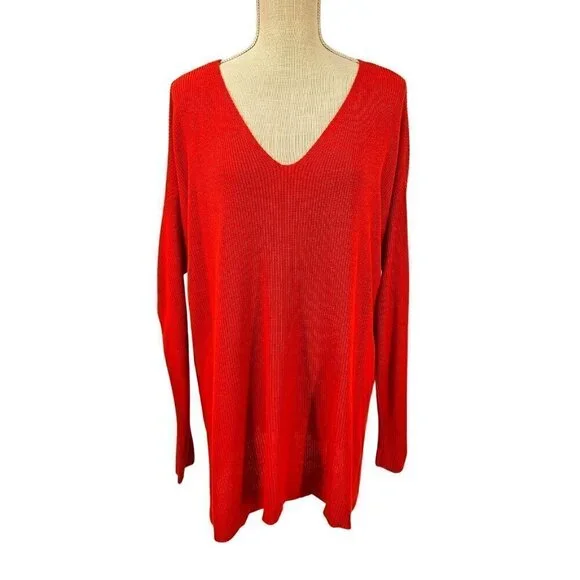 Eileen Fisher Tencel V-Neck Sweater Orange Women's L Knit Career Lounge Wear