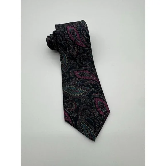 Bert Pulitzer Silk Tie Paisley Black Pink Teal Made in USA Necktie Classic Width