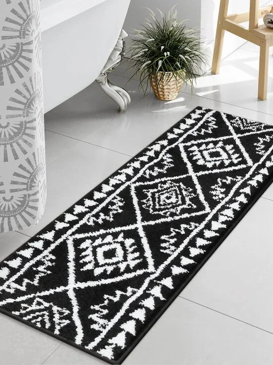 Boho Bathroom Runner Rug Black Tribal Long Bathroom Rug Western Non-Slip Washabl