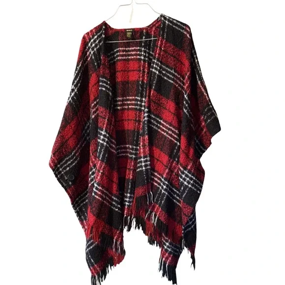 Forever 21 Red Black Plaid Fringe Open Front One Size‎ Cape Poncho