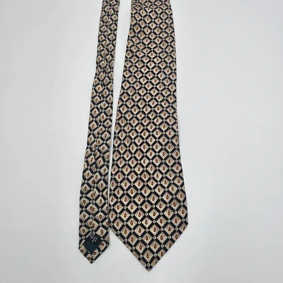 Brookcraft Silk Tie Handmade in Italy Geometric Diamond Pattern Navy Tan Vintage