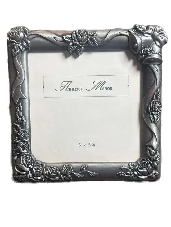 Vintage Ashleigh Manor 5x5 Square Silver Pewter Rose and Bells Picture Frame