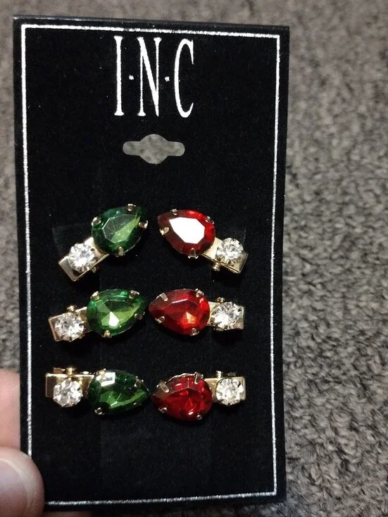INC International Concepts Green & Red Teardrop Crystal Clip Barretts 6 CT