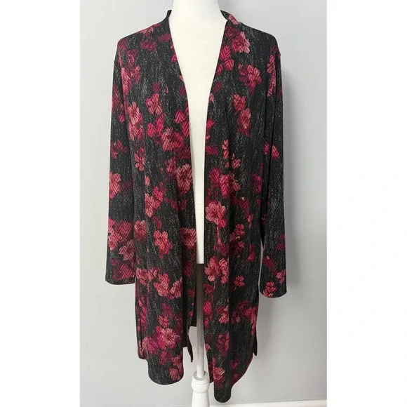 Susan Graver Women's Floral Chevron Open Front Duster Cardigan Sweater Sz Large