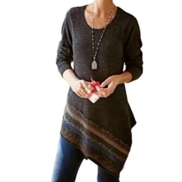 NWT Soft Surroundings Raku Brown & Black Marled Knit Asymmetric Tunic Sweater