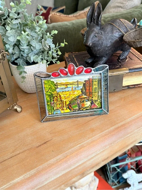 Vintage Stained Glass Picture Frame – Red Accents, Silver Metal Border