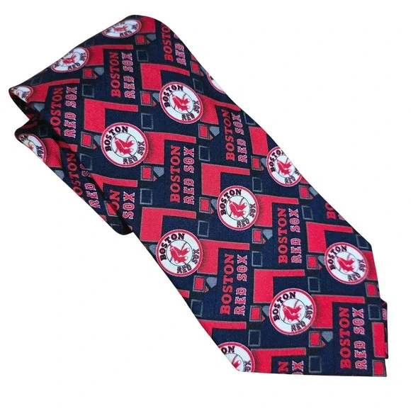 MLB Boston Red Sox Mens Silk Necktie Navy Blue Red Geometric Logo Print BoSox