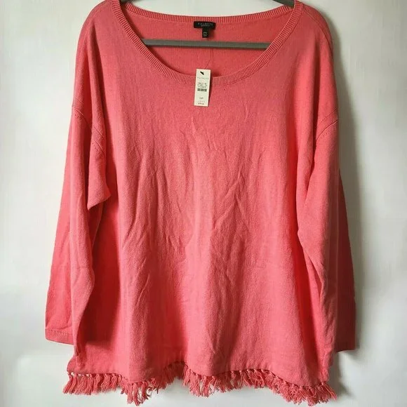 Talbots Long Sleeve Scoop Neck Sweater Top Size 2XP Pink Fringe Hem Slit NWT
