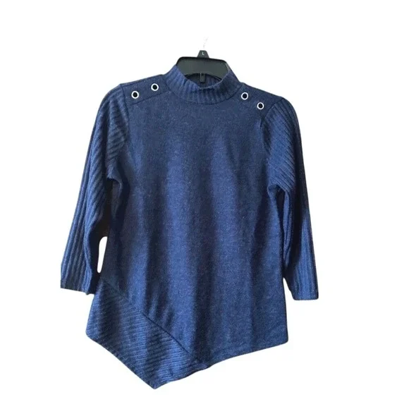 Adrienne Vittadini‎ Navy Mock Neck Asymmetric Sweater Ribbed Sleeves Size S