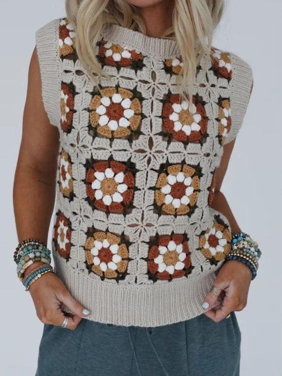 Boho Retro Roadtrip Women’s Floral Crochet Sleeveless Sweater Cream Brown Size L