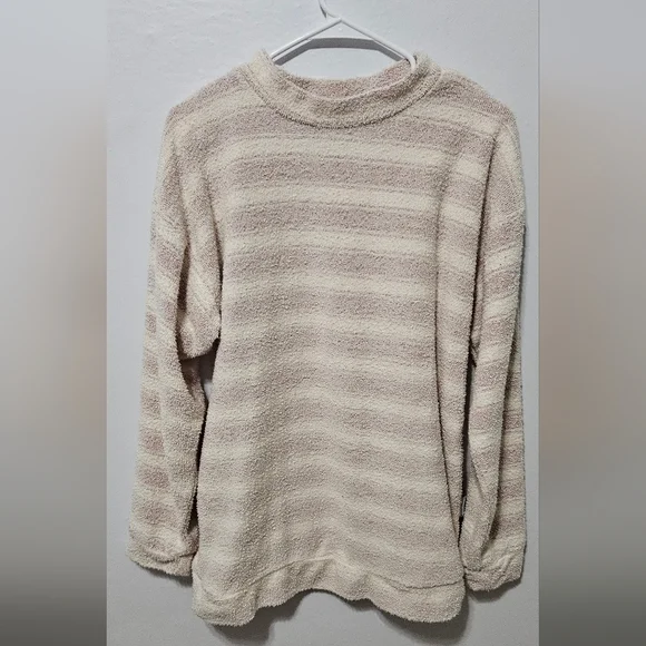 Woolly Threads Sweater Lrg Pink White Striped Crew Neck Terry Cloth Sweater B10