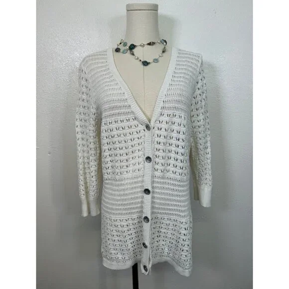 DKNY Women’s Large Cardigan Sweater White Ivory Knit Crochet 3/4 Sleeve cotton