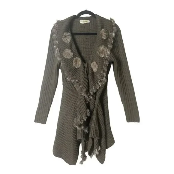 Moon River‎ Ribbed Knit Ruffle Olive Green Faux Fur Tie Front Cardigan Medium