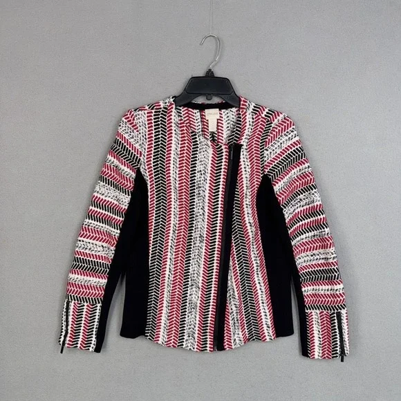 Chicos Cardigan Sweater Womens 0 Red Black White Full Zip Chevron Asymmetrical