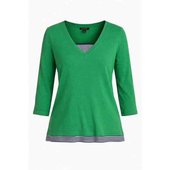Lauren Ralph Lauren Green V‎ Neck Layered Top XL Cotton