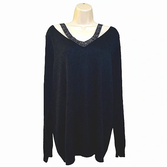 JOSEPH A. Black & Silver V-Neck Lightweight Sweater with Silver Cut-Out Accents