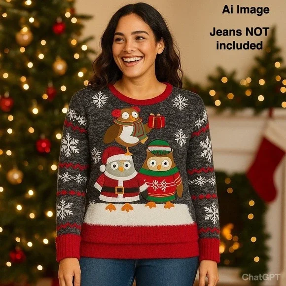 United States Sweaters Women M Holiday Owl Christmas‎ Black Red Whimsical Quirky