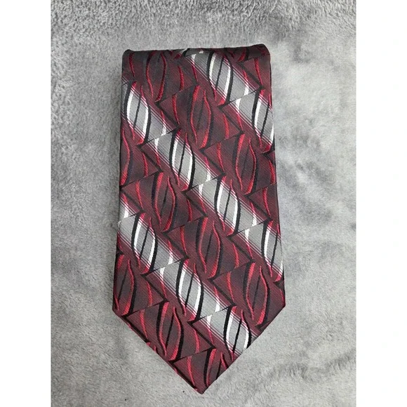 Pierre Cardin Silk Tie‎ Retro Red Black Silver Geometric