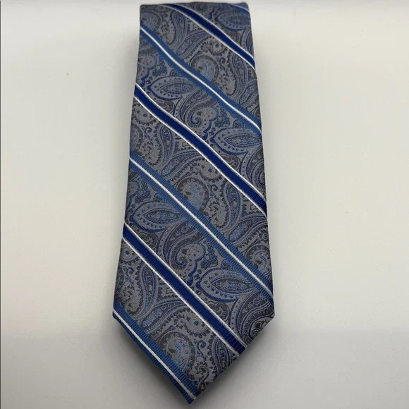 PRONTO UOMO Couture Silk Necktie LUXURY Silver Blue Striped Paisley