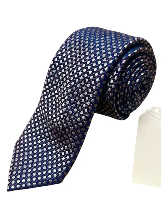 Ted Baker Navy Silk Skinny Tie with Silver and Purple Dot Pattern