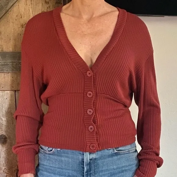 Reformation Burnt Orange V Neck Cardigan Sweater