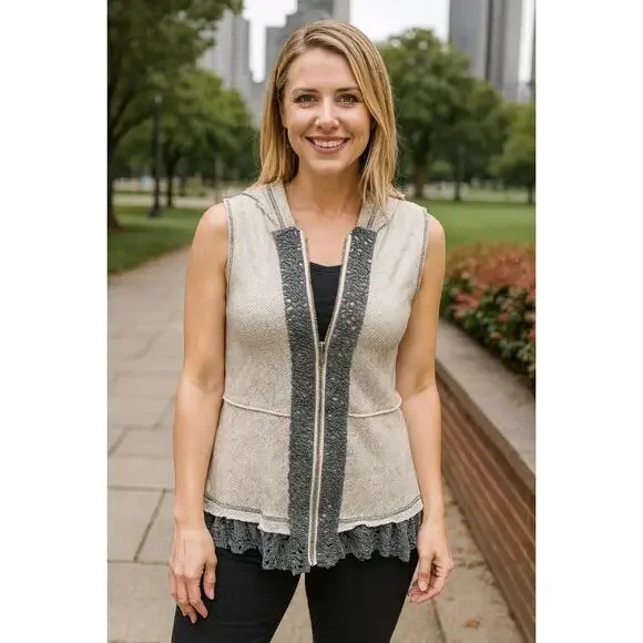 ODDY Lace Trim Hoodie Cardigan Size S Ivory Sleeveless Cotton Blend Casual Boho