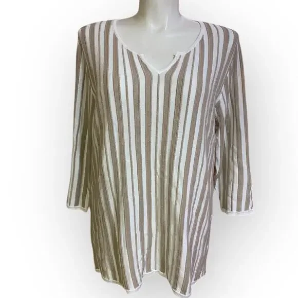 Chicos Vertical Stripe Sweater White Tan Size 4 (XXL Size 20)